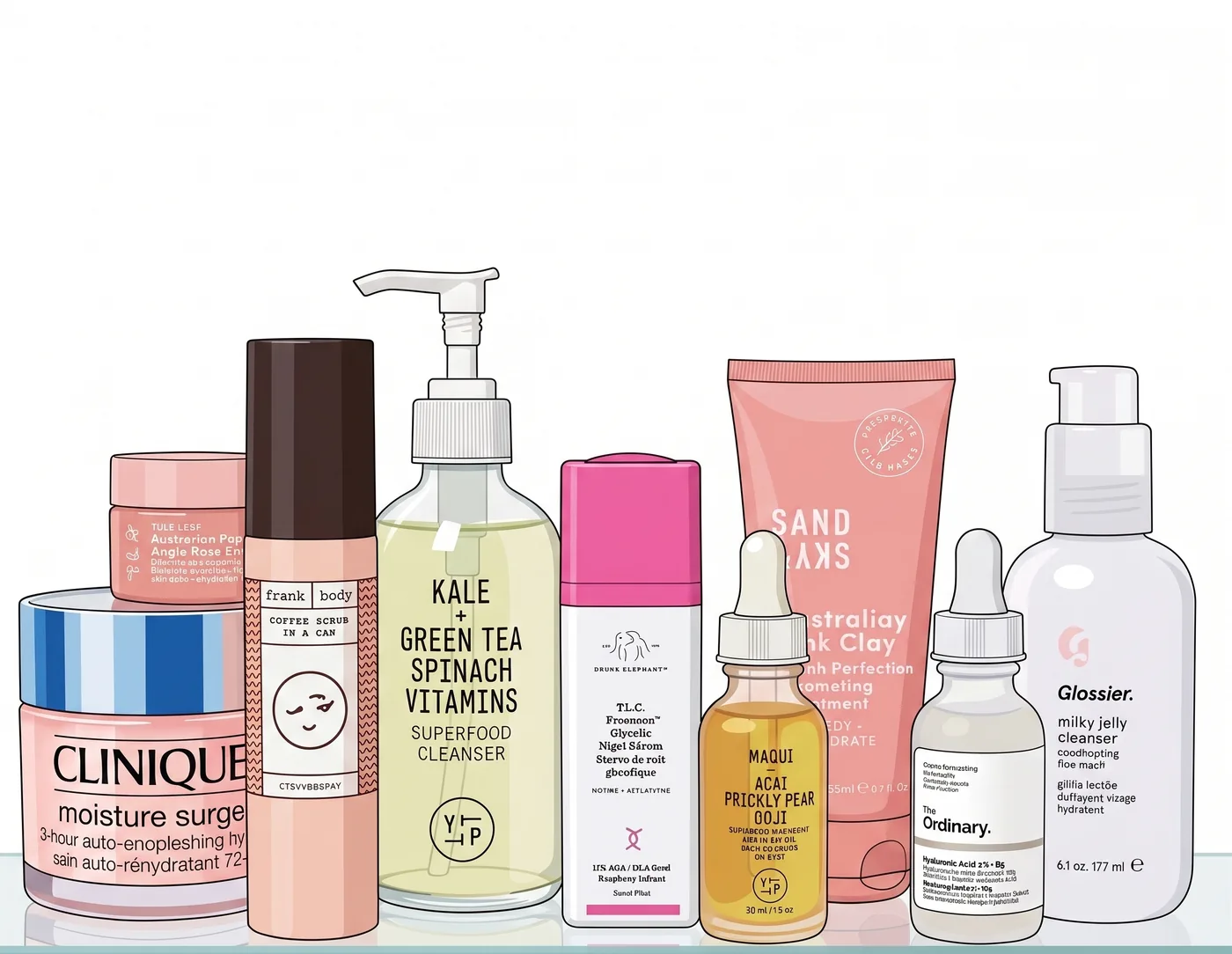 Skincare products laid out on a shelf